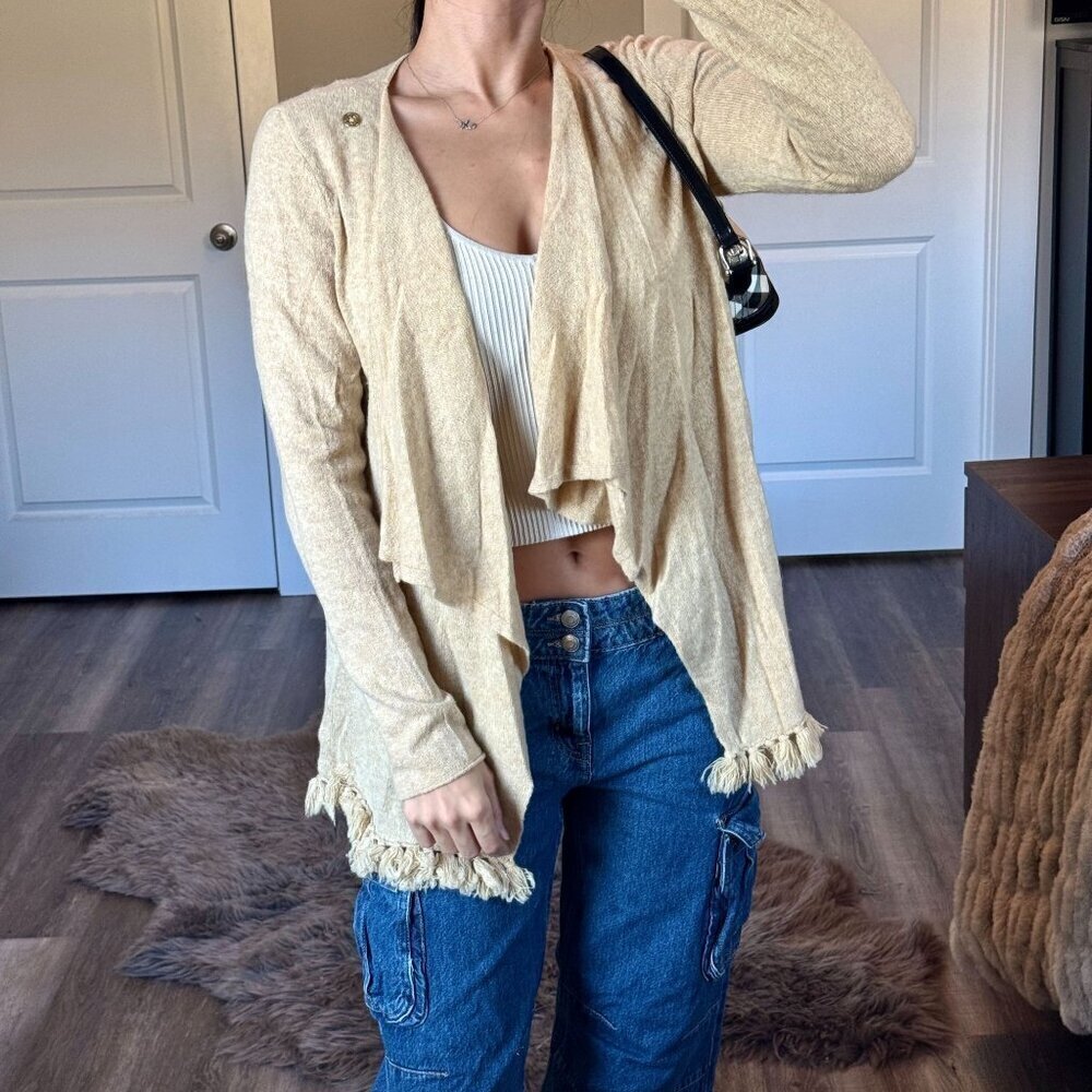 Lilly Pulitzer Cashmere Cardigan Womens M Cascading Open Front Beige Tassel Boho